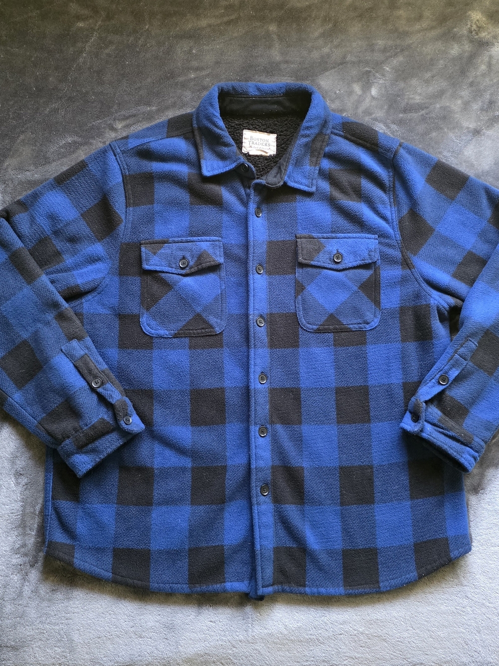 Boston Traders Blue and Black Buffalo Plaid Fleece Shirt Jacket